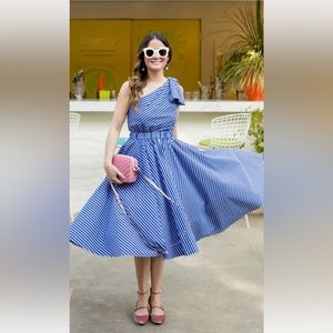 Eliza J Blue and White Striped One Shoulder Dress. Size 12